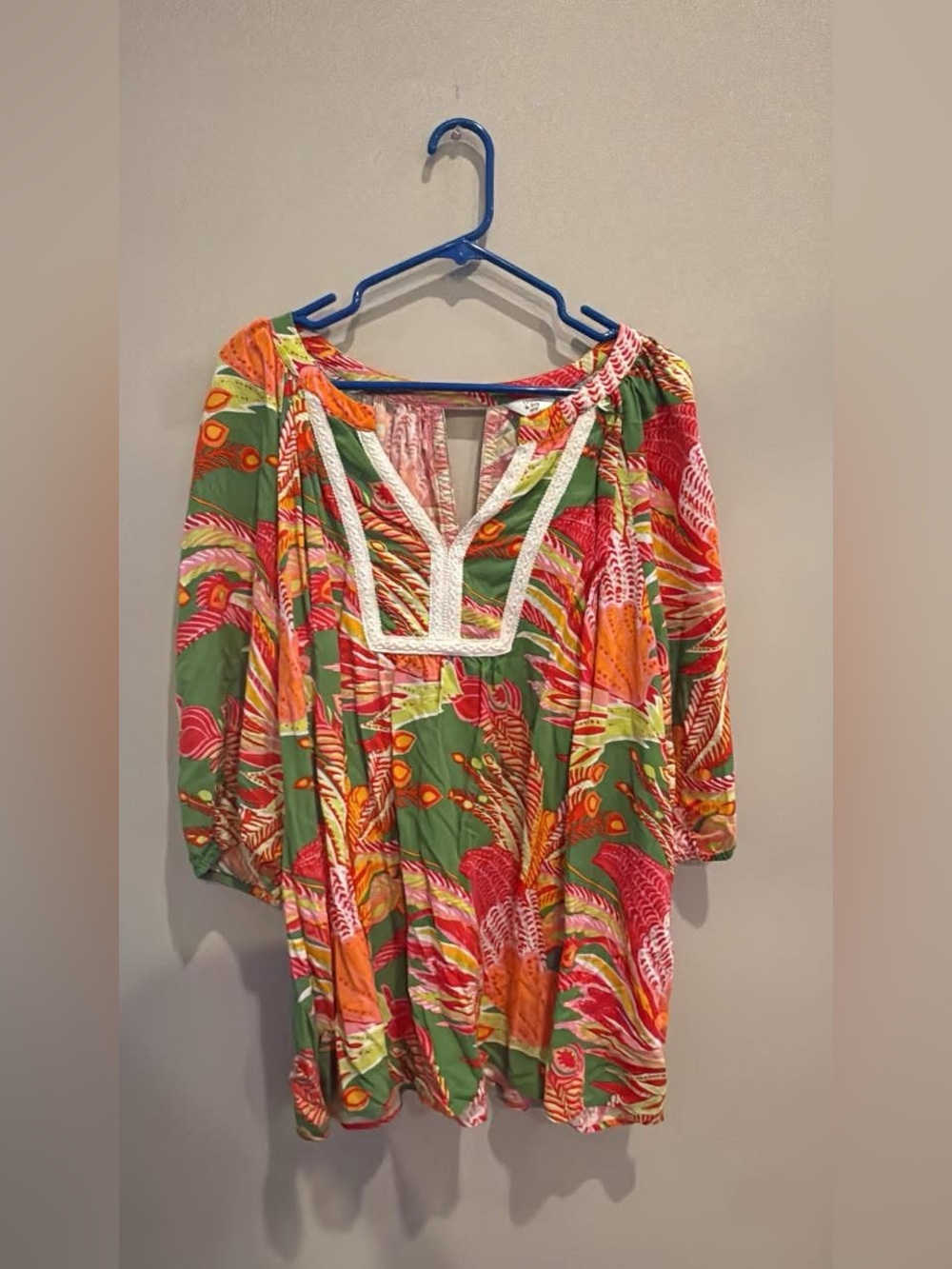 crown & ivy Tropical Peasant Blouse in Green, Pink & Orange